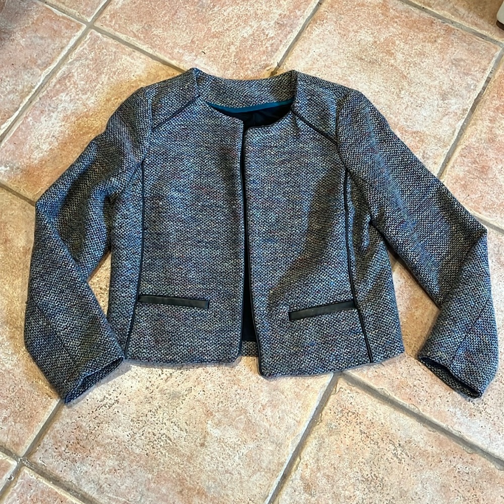 Blazer. Tweed. Grey+ multi colors with leather piping accents. Small.
